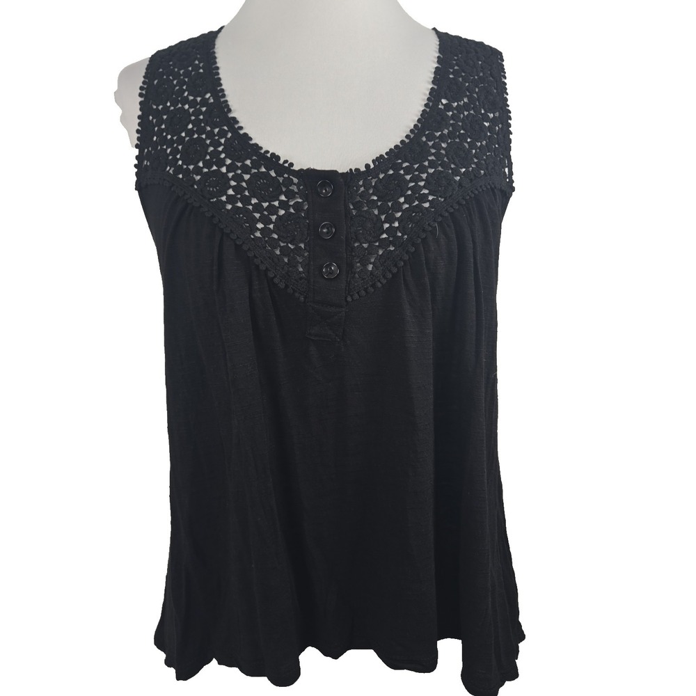 American Dream Medium Women's Black Tank Top‎ Linen Blend Crochet Racerback M